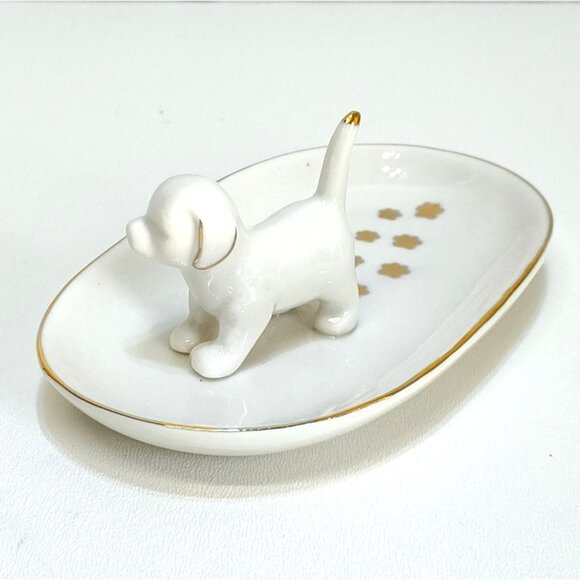 Porcelain Puppy Paw Prints Trinket Dish Gold Paint Trim Rings Coins Or Keys EUC - Picture 3 of 7